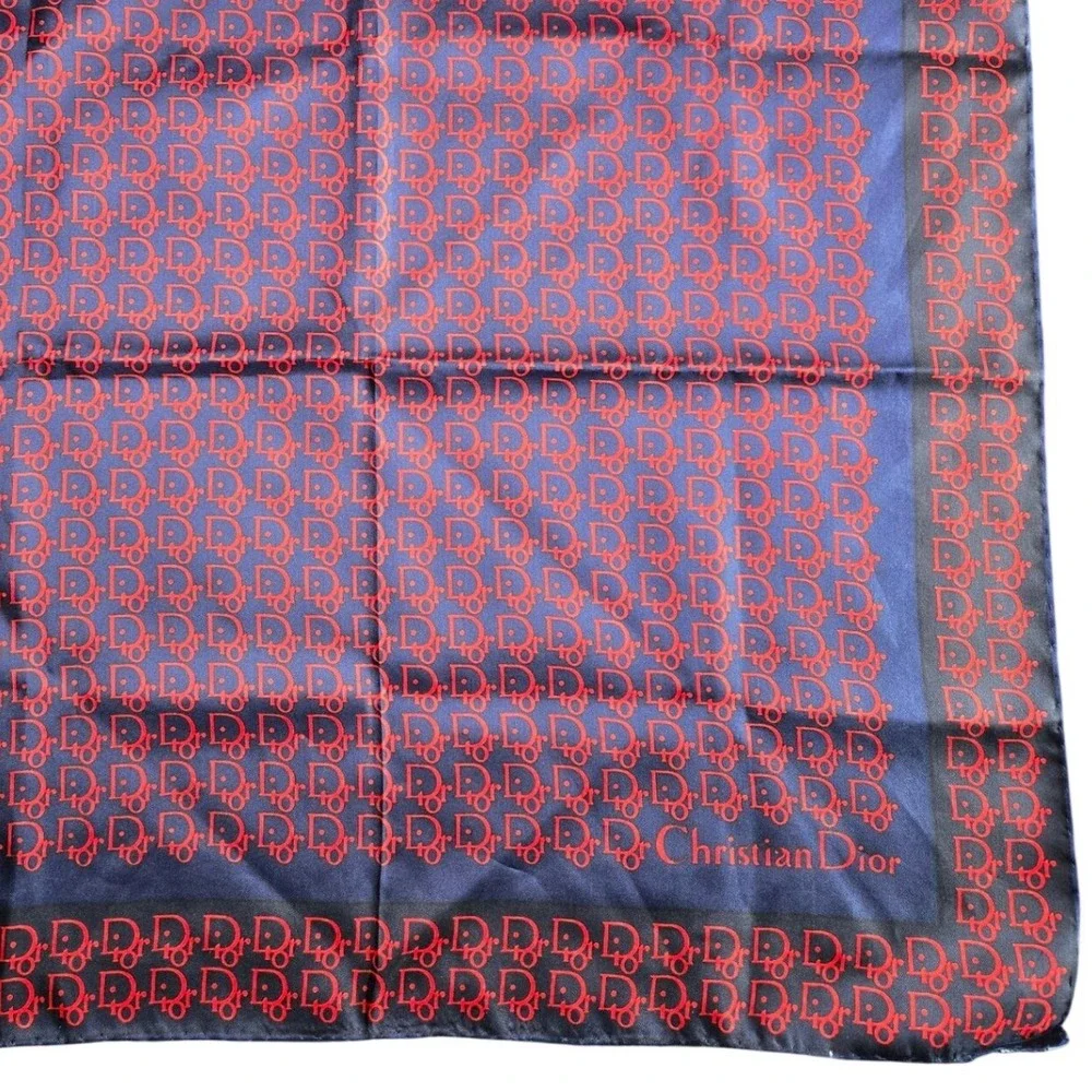 Christian Dior Vintage Silk Scarf Navy Blue Red Trotter Oblique Logo Scarf